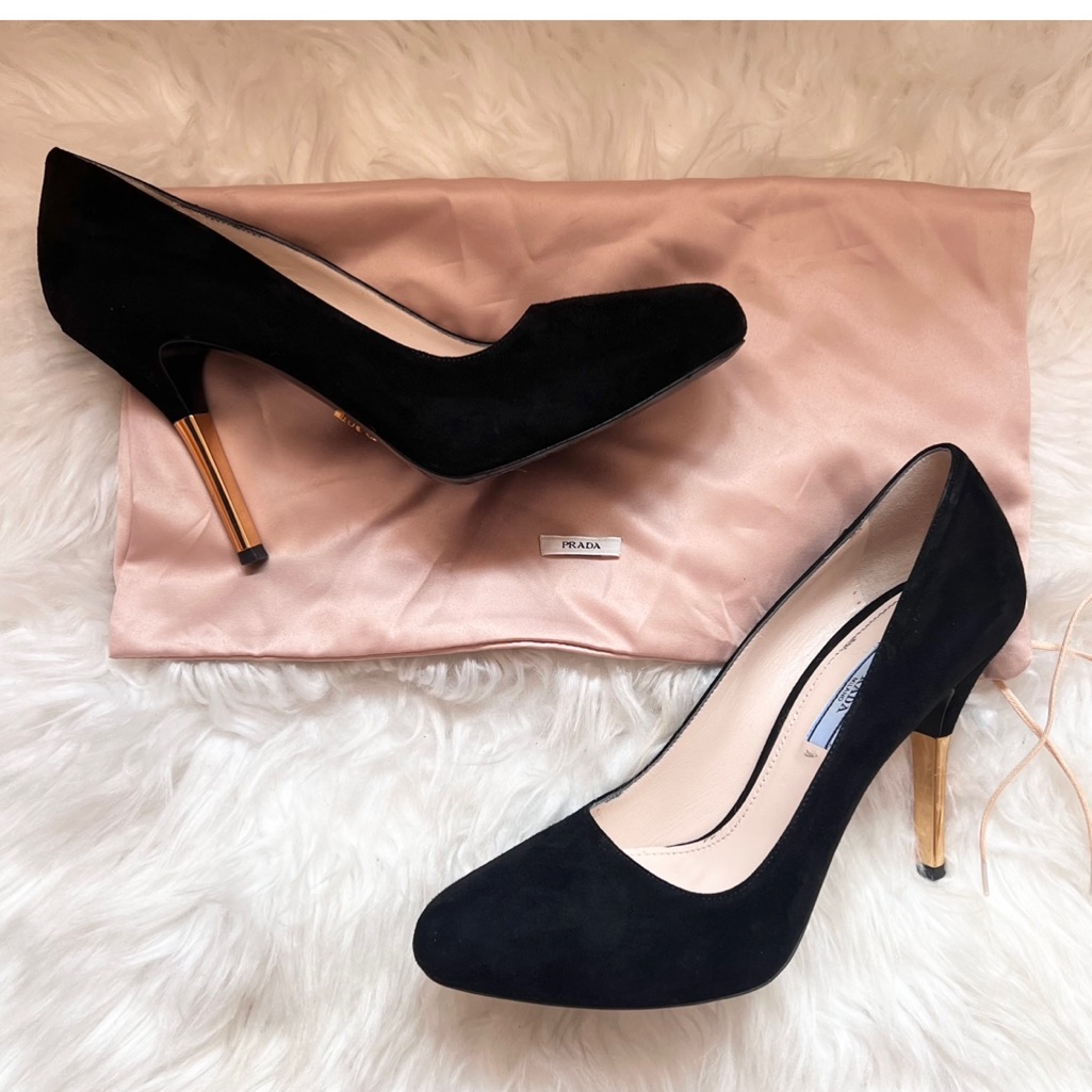Prada Logo Metallic Heel Suede Leather Pumps